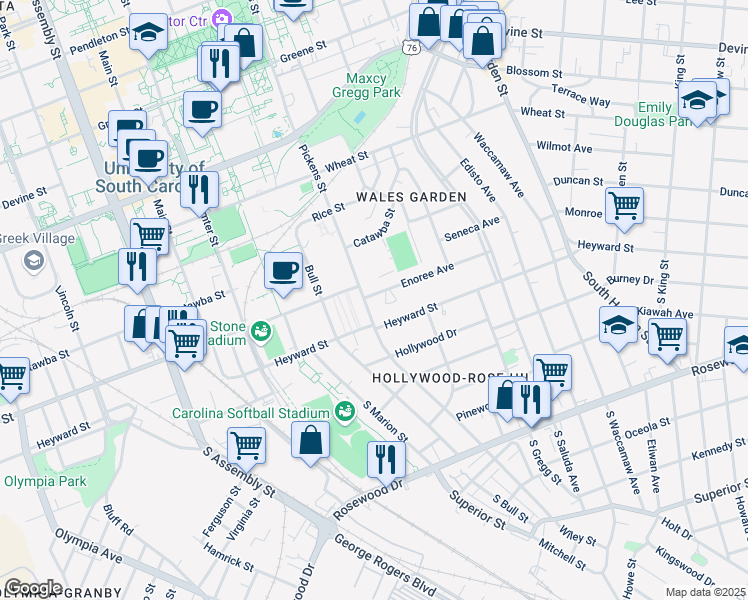 map of restaurants, bars, coffee shops, grocery stores, and more near 1606 Enoree Avenue in Columbia