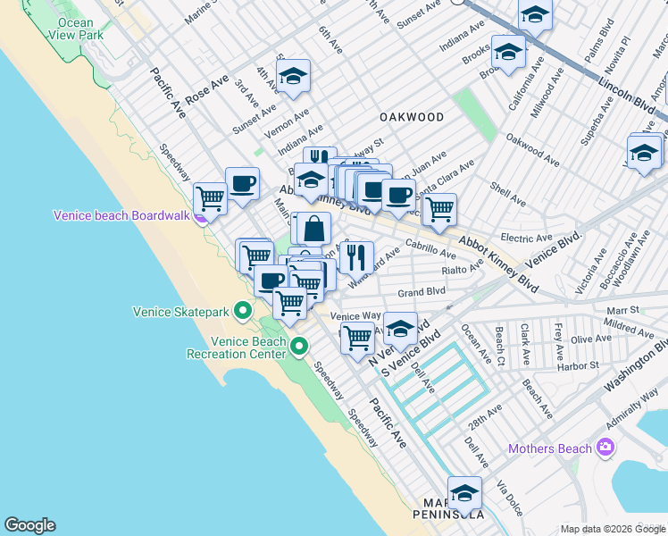 map of restaurants, bars, coffee shops, grocery stores, and more near 219 Market Street in Los Angeles