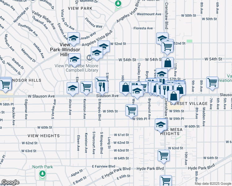 map of restaurants, bars, coffee shops, grocery stores, and more near 5729 Deane Avenue in View Park-Windsor Hills