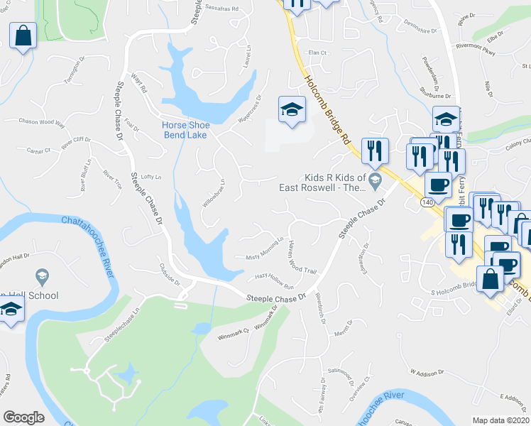 map of restaurants, bars, coffee shops, grocery stores, and more near 340 Banyon Brook Point in Roswell