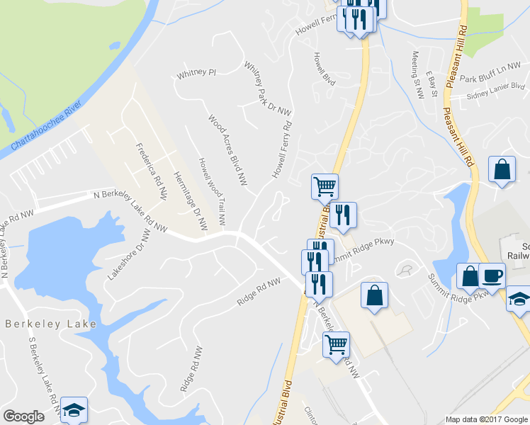 map of restaurants, bars, coffee shops, grocery stores, and more near 206 Berkeley Woods Drive in Duluth
