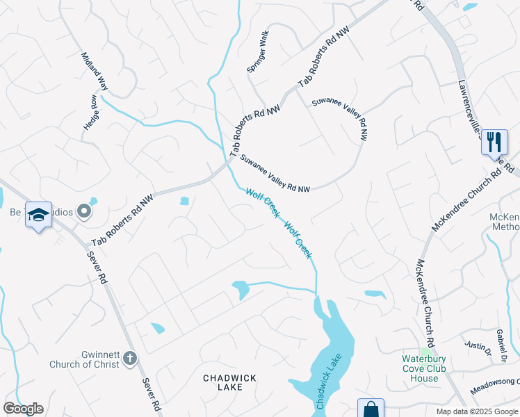 map of restaurants, bars, coffee shops, grocery stores, and more near 989 Pinfeather Court Northwest in Lawrenceville