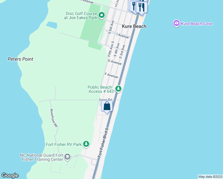 map of restaurants, bars, coffee shops, grocery stores, and more near 621 South 3rd Avenue in Kure Beach