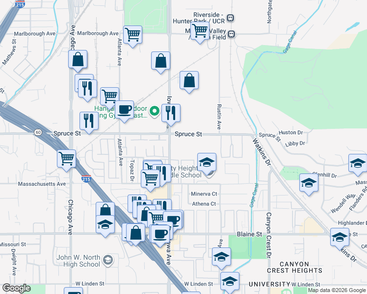 map of restaurants, bars, coffee shops, grocery stores, and more near 1298 Spruce Street in Riverside