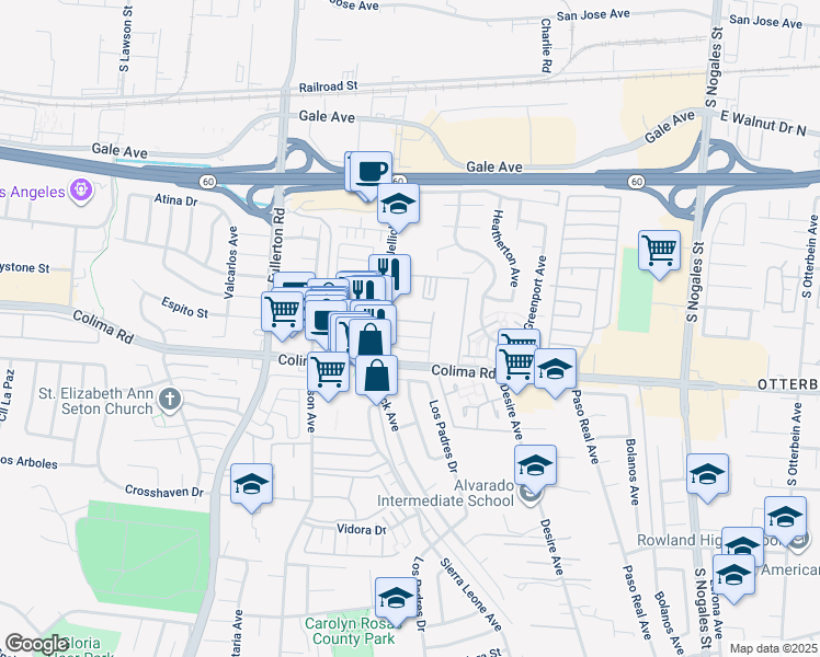 map of restaurants, bars, coffee shops, grocery stores, and more near 18567 Colima Road in Rowland Heights