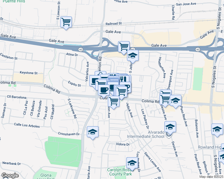 map of restaurants, bars, coffee shops, grocery stores, and more near 18401 Companario Drive in Rowland Heights
