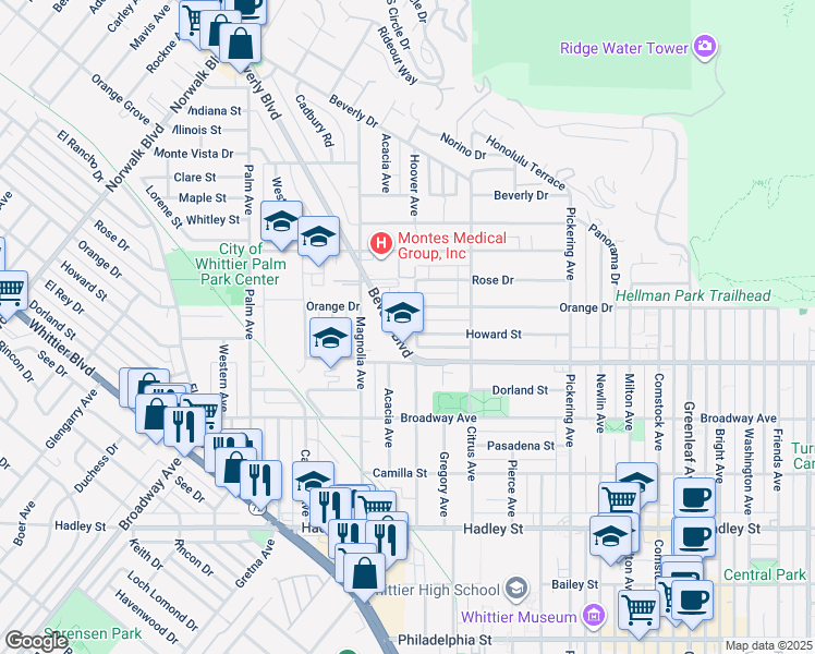map of restaurants, bars, coffee shops, grocery stores, and more near 11841 Nixon Lane in Whittier