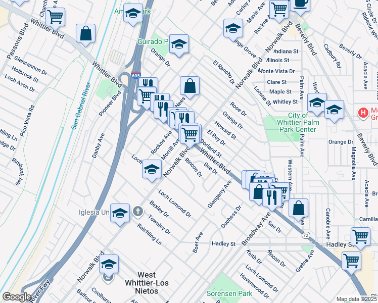 map of restaurants, bars, coffee shops, grocery stores, and more near 10709 Pleasant Way in Whittier