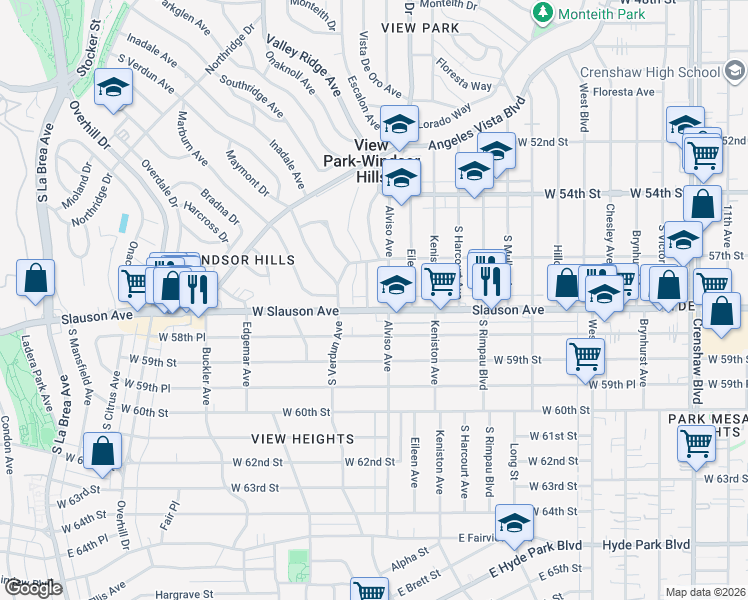 map of restaurants, bars, coffee shops, grocery stores, and more near 5725 Alviso Avenue in View Park-Windsor Hills