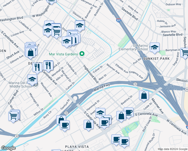 map of restaurants, bars, coffee shops, grocery stores, and more near 5102 Inglewood Boulevard in Culver City