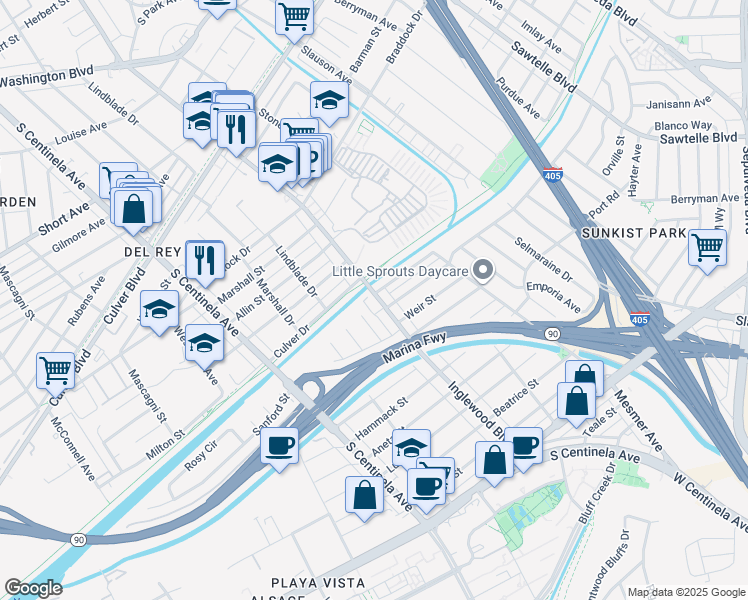 map of restaurants, bars, coffee shops, grocery stores, and more near 5102 Inglewood Boulevard in Culver City