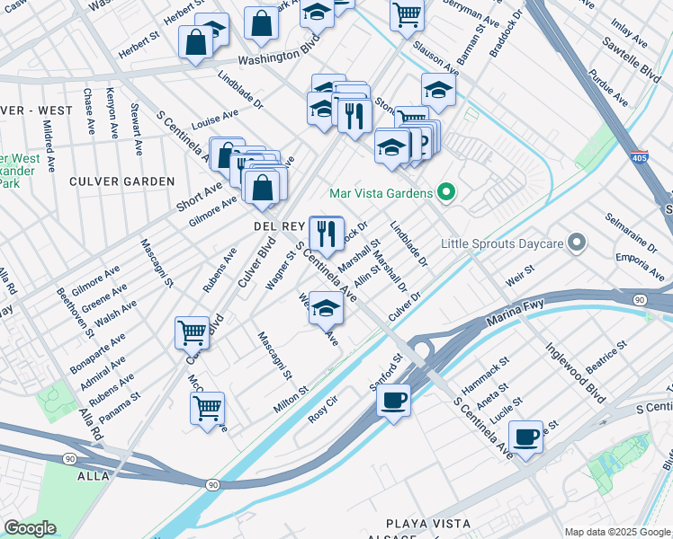 map of restaurants, bars, coffee shops, grocery stores, and more near 12311 Marshall Street in Culver City