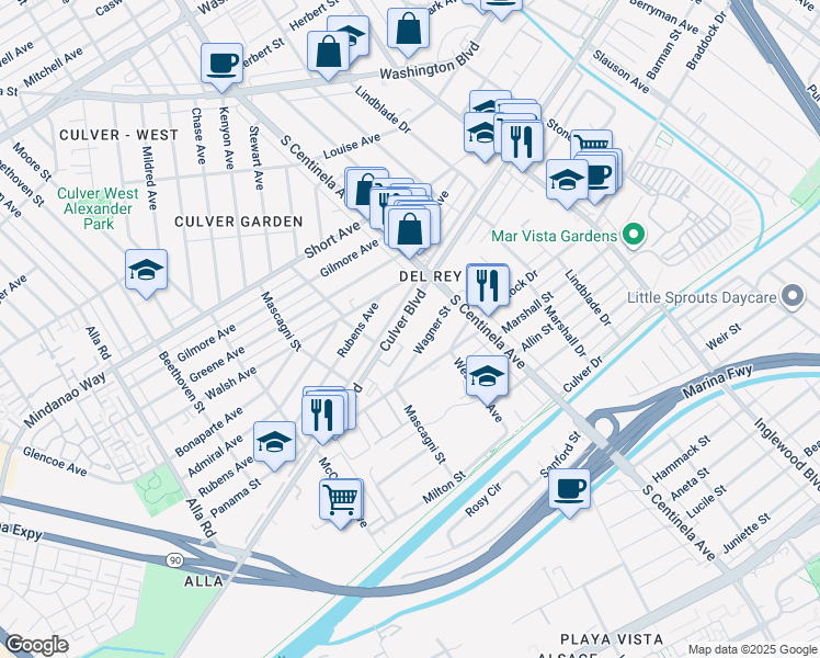 map of restaurants, bars, coffee shops, grocery stores, and more near 12445 Culver Boulevard in Los Angeles
