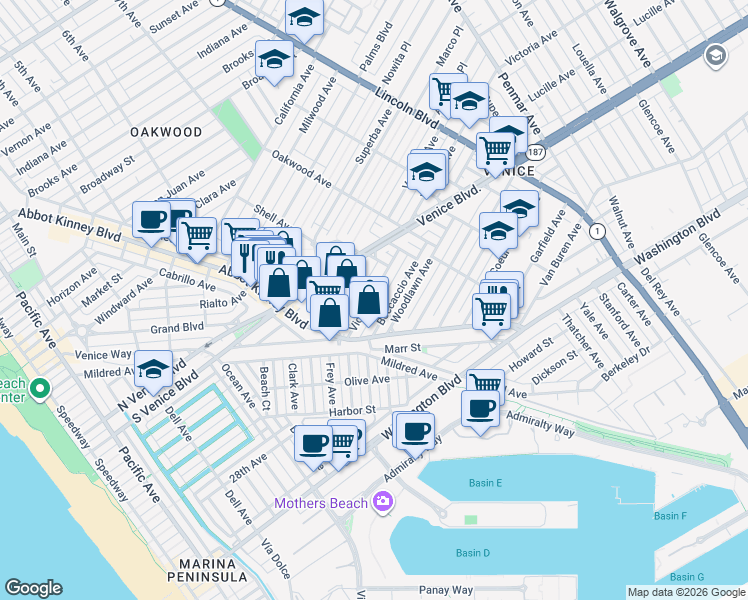 map of restaurants, bars, coffee shops, grocery stores, and more near 620 Victoria Avenue in Los Angeles
