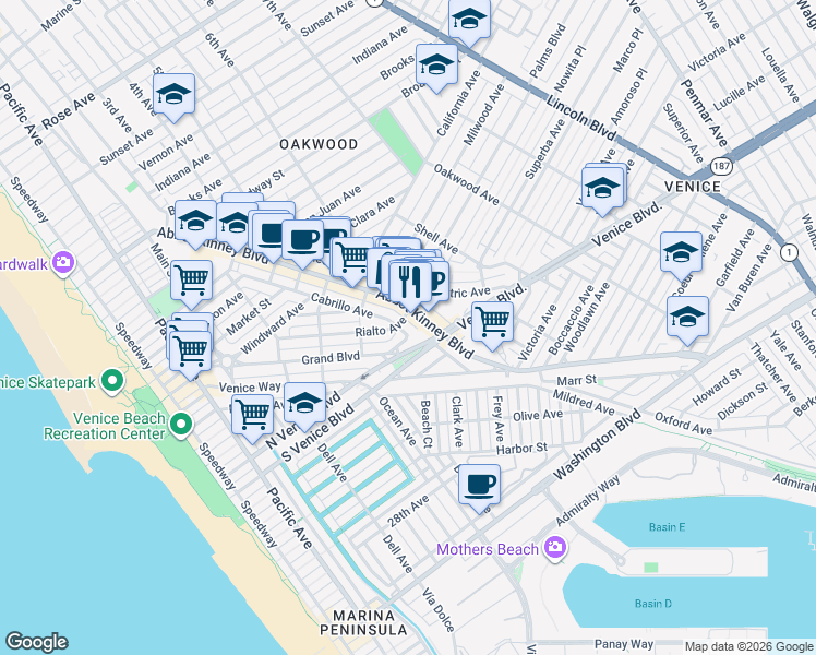 map of restaurants, bars, coffee shops, grocery stores, and more near 1515 Abbot Kinney Boulevard in Los Angeles