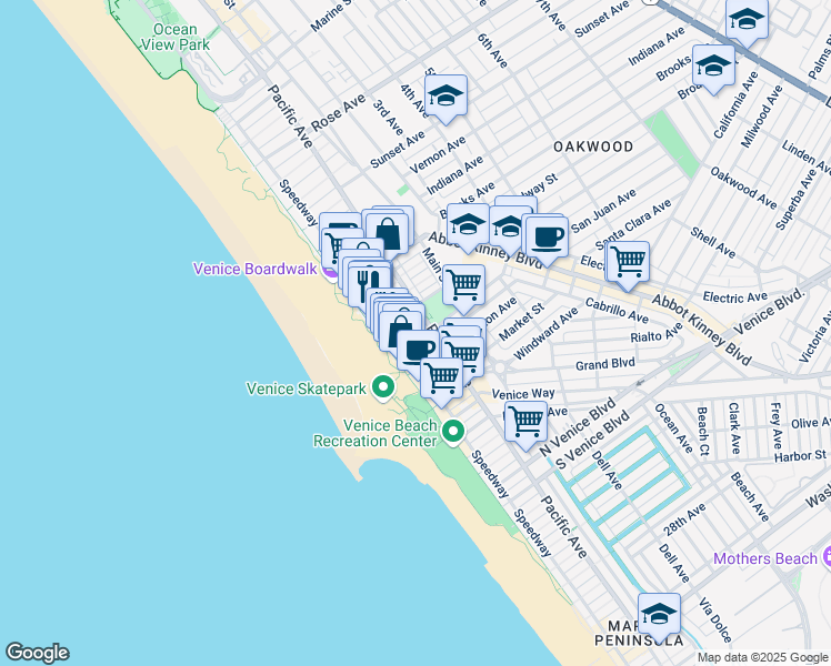 map of restaurants, bars, coffee shops, grocery stores, and more near 41 Wavecrest Court in Los Angeles