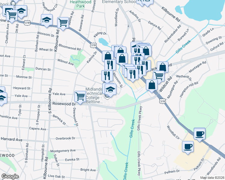 map of restaurants, bars, coffee shops, grocery stores, and more near 4426 Blossom Street in Columbia