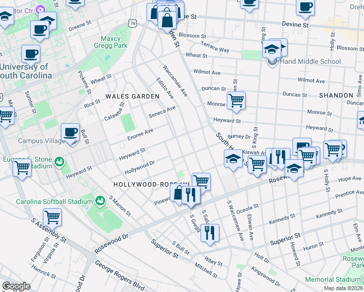 map of restaurants, bars, coffee shops, grocery stores, and more near 100 Saluda Avenue in Columbia