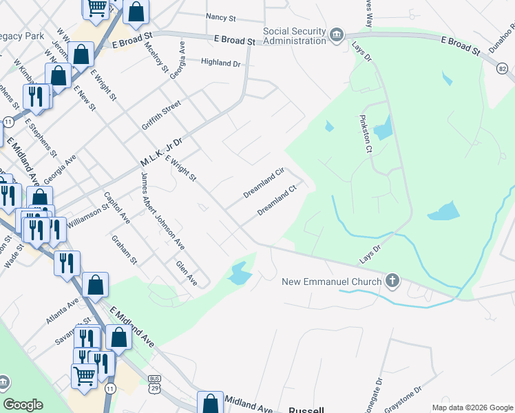 map of restaurants, bars, coffee shops, grocery stores, and more near 314 Dreamland Court in Winder