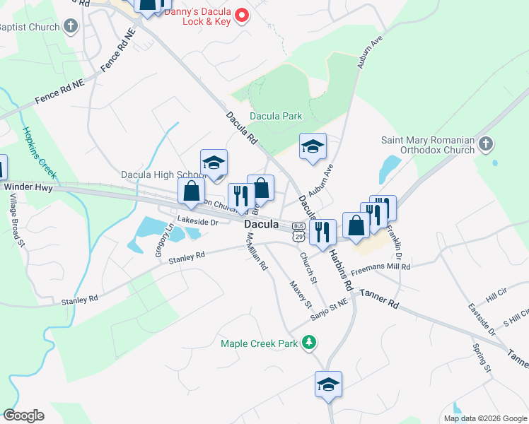 map of restaurants, bars, coffee shops, grocery stores, and more near 2505 2nd Avenue in Dacula