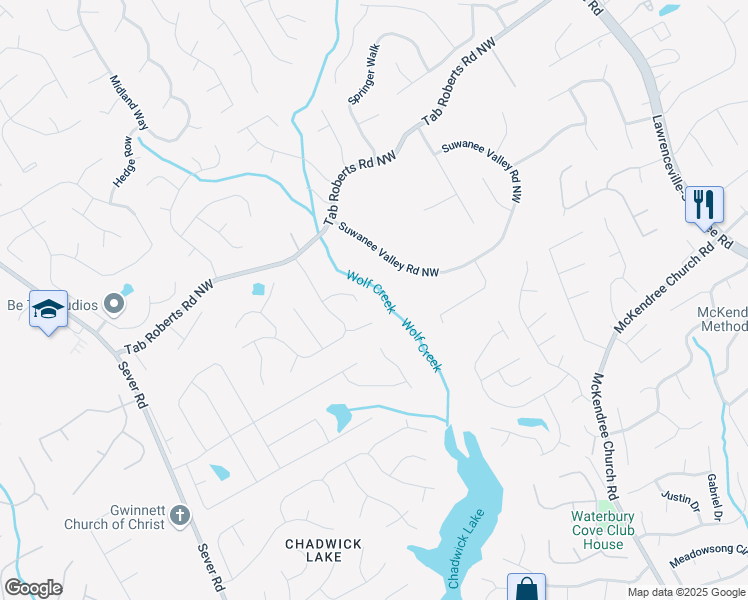 map of restaurants, bars, coffee shops, grocery stores, and more near 989 Pinfeather Court Northwest in Lawrenceville