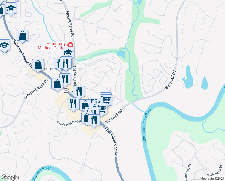 map of restaurants, bars, coffee shops, grocery stores, and more near 1009 Sandy Lane Drive in Alpharetta