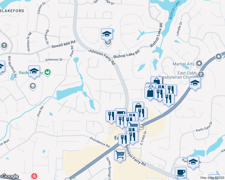 map of restaurants, bars, coffee shops, grocery stores, and more near 4199 Lake Rill Court in Marietta