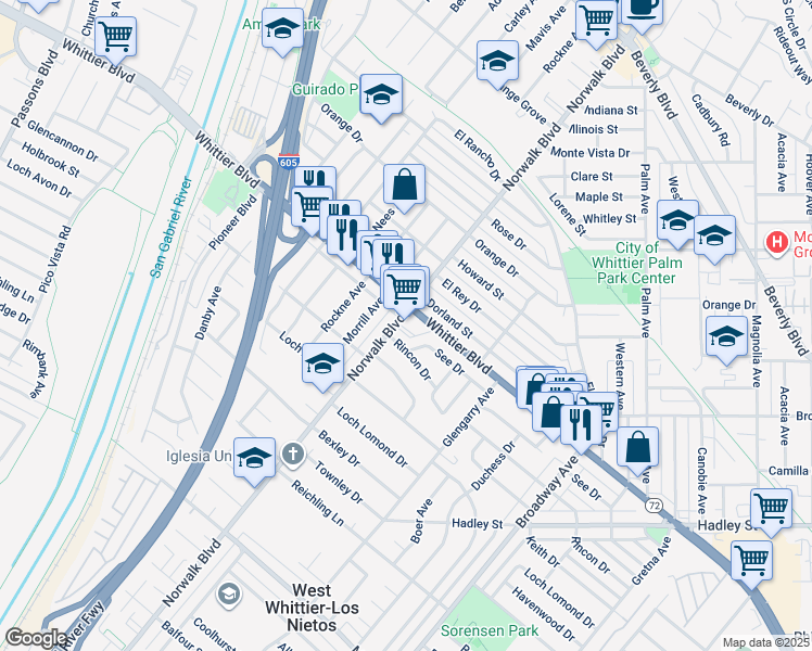 map of restaurants, bars, coffee shops, grocery stores, and more near 10807 Whittier Boulevard in Whittier