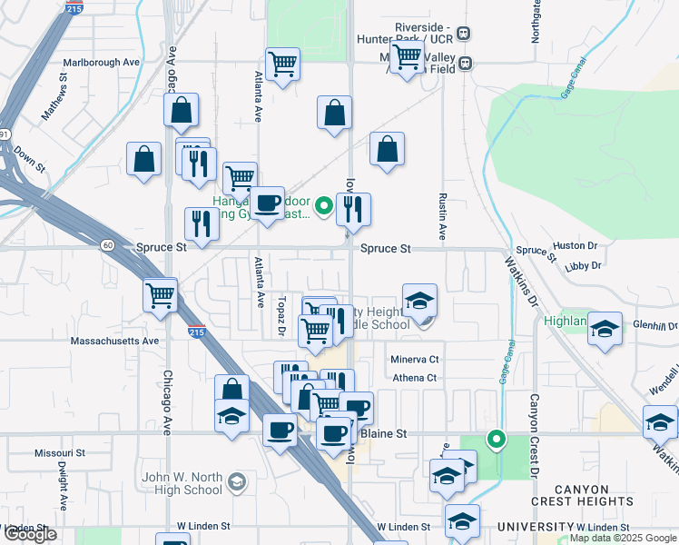 map of restaurants, bars, coffee shops, grocery stores, and more near 2502 Bryn Mawr Lane in Riverside