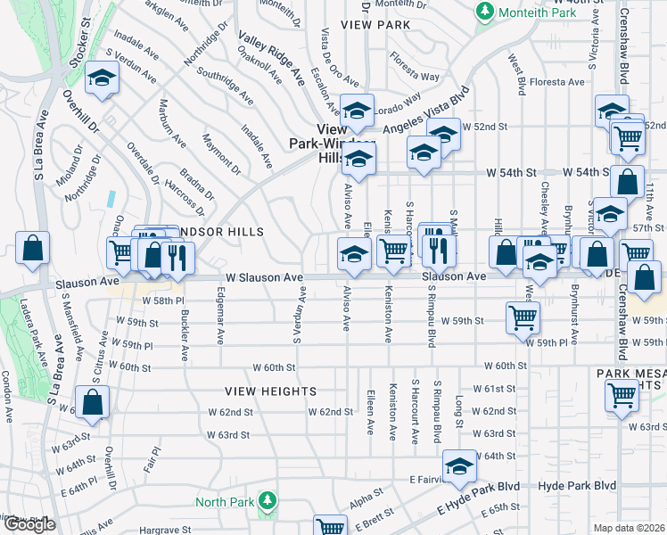 map of restaurants, bars, coffee shops, grocery stores, and more near 5725 Alviso Avenue in View Park-Windsor Hills
