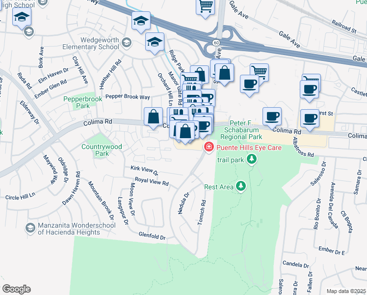 map of restaurants, bars, coffee shops, grocery stores, and more near Unnamed Road in Hacienda Heights