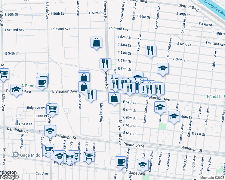 map of restaurants, bars, coffee shops, grocery stores, and more near 5734-5898 South Downey Road in Vernon