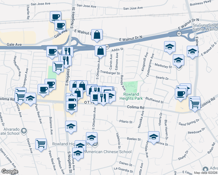 map of restaurants, bars, coffee shops, grocery stores, and more near 1560 South Otterbein Avenue in Rowland Heights