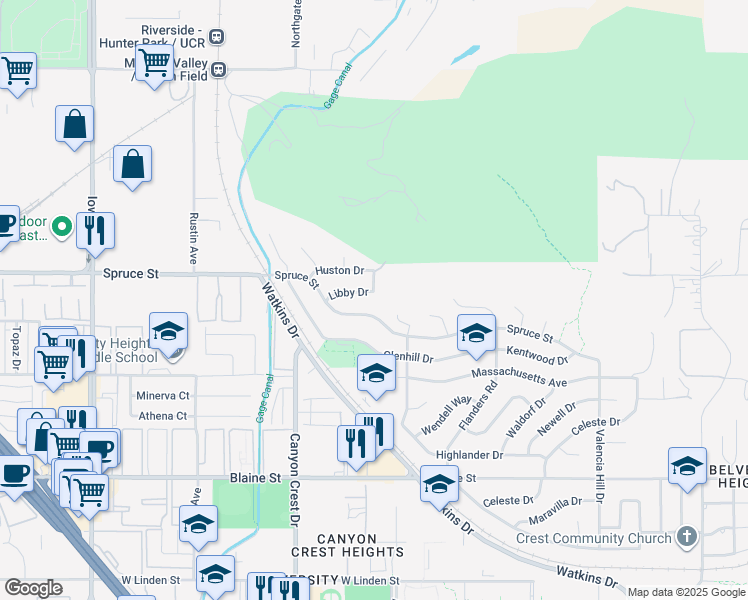 map of restaurants, bars, coffee shops, grocery stores, and more near 770 Libby Drive in Riverside