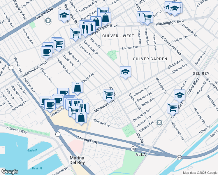 map of restaurants, bars, coffee shops, grocery stores, and more near 4335 Alla Road in Marina del Rey