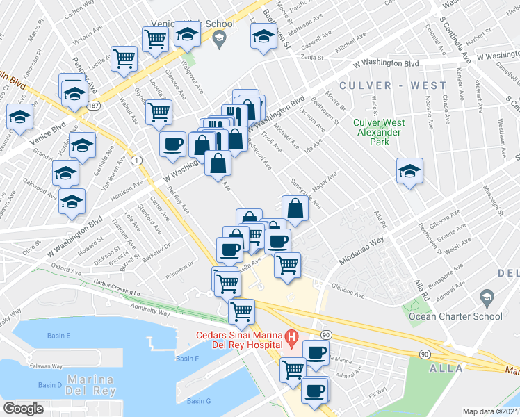 map of restaurants, bars, coffee shops, grocery stores, and more near 4114 Glencoe Avenue in Los Angeles