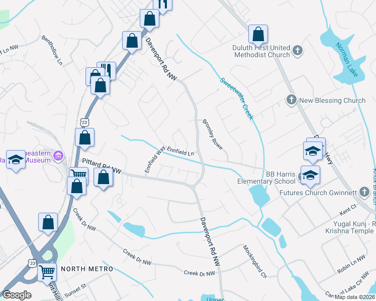 map of restaurants, bars, coffee shops, grocery stores, and more near 3119 Roundfield Circle in Duluth