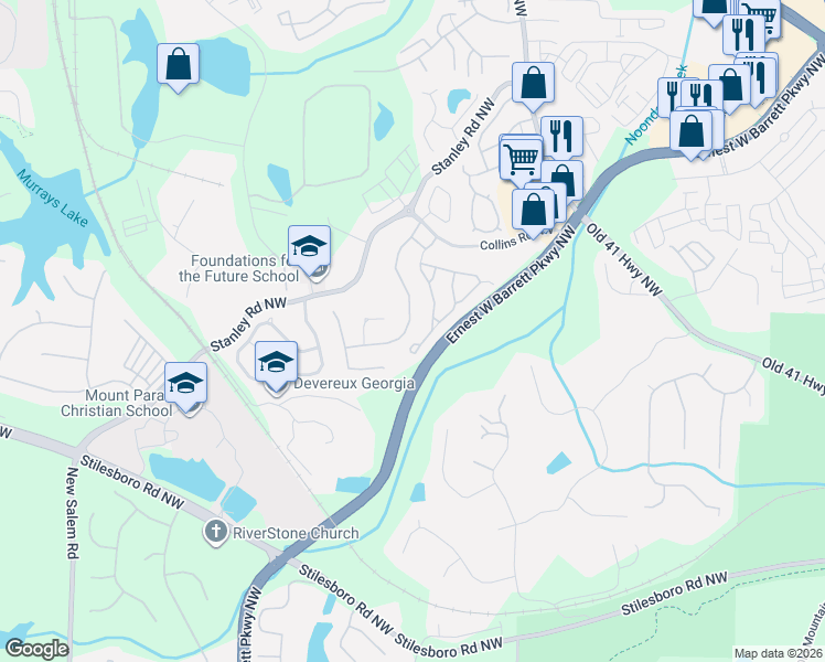 map of restaurants, bars, coffee shops, grocery stores, and more near 1634 Donovan's Ridge in Kennesaw