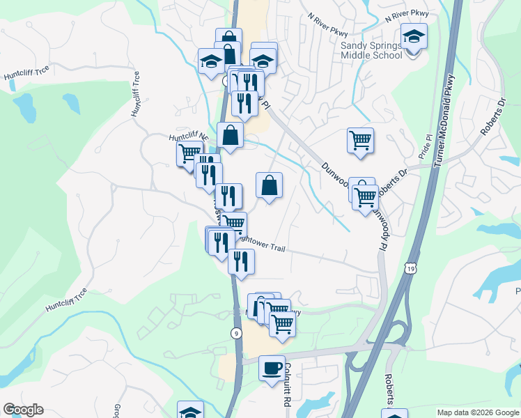 map of restaurants, bars, coffee shops, grocery stores, and more near 8550 Hope Mews Court in Atlanta