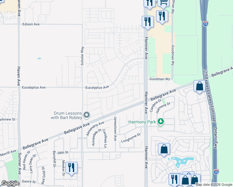 map of restaurants, bars, coffee shops, grocery stores, and more near 4646 South Amherst Privado in Ontario