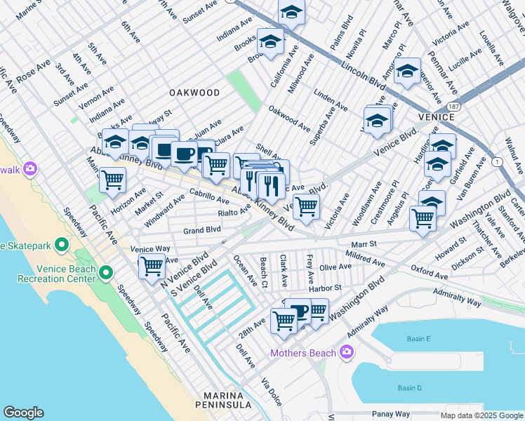 map of restaurants, bars, coffee shops, grocery stores, and more near 1629 Electric Avenue in Los Angeles