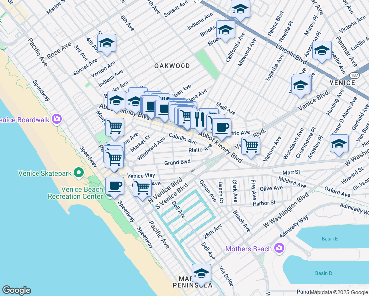 map of restaurants, bars, coffee shops, grocery stores, and more near 529 Rialto Avenue in Los Angeles