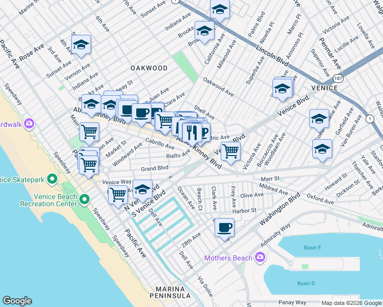 map of restaurants, bars, coffee shops, grocery stores, and more near 1511 Abbot Kinney Boulevard in Los Angeles