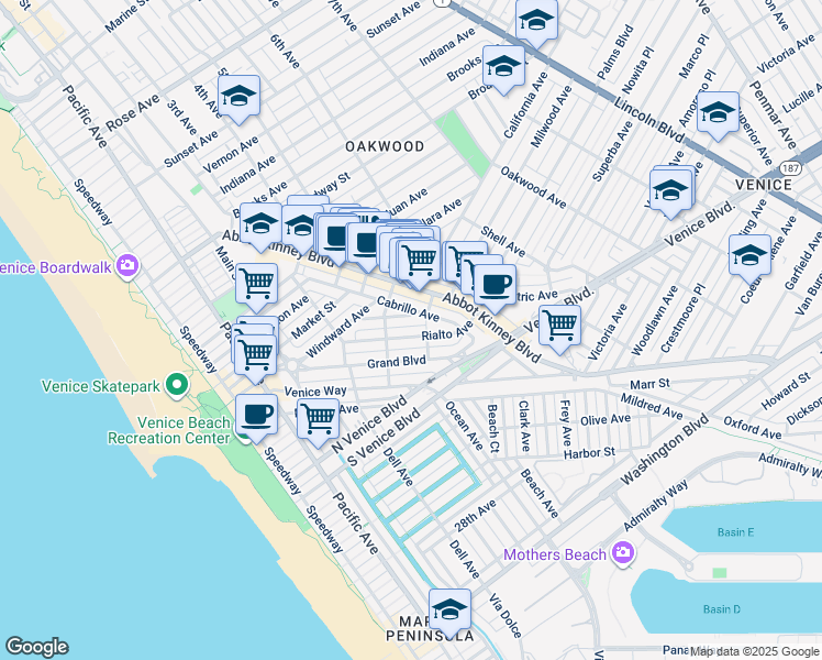 map of restaurants, bars, coffee shops, grocery stores, and more near 529 Rialto Avenue in Los Angeles