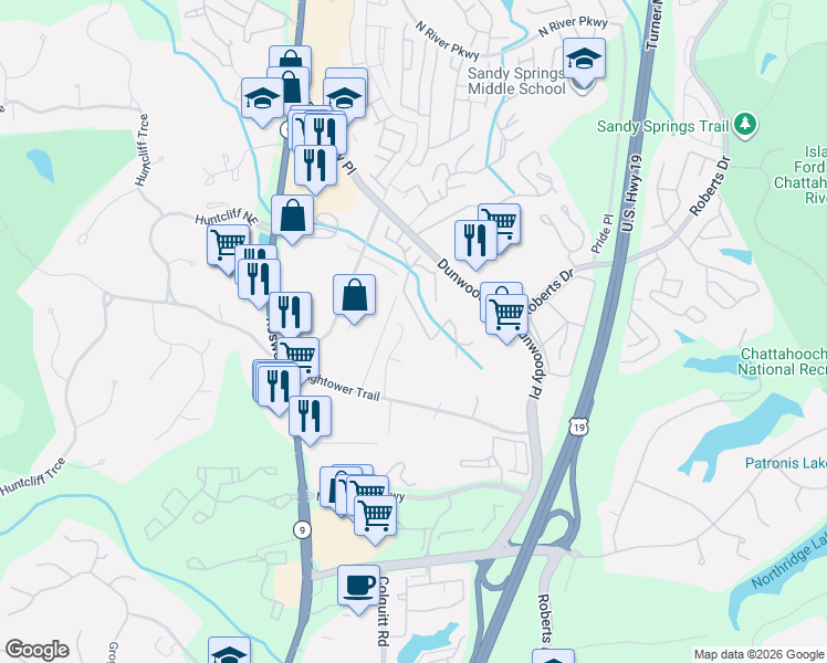 map of restaurants, bars, coffee shops, grocery stores, and more near 750 Towergate Place in Atlanta