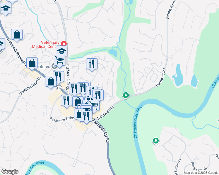 map of restaurants, bars, coffee shops, grocery stores, and more near 421 Hawkstone Way in Johns Creek