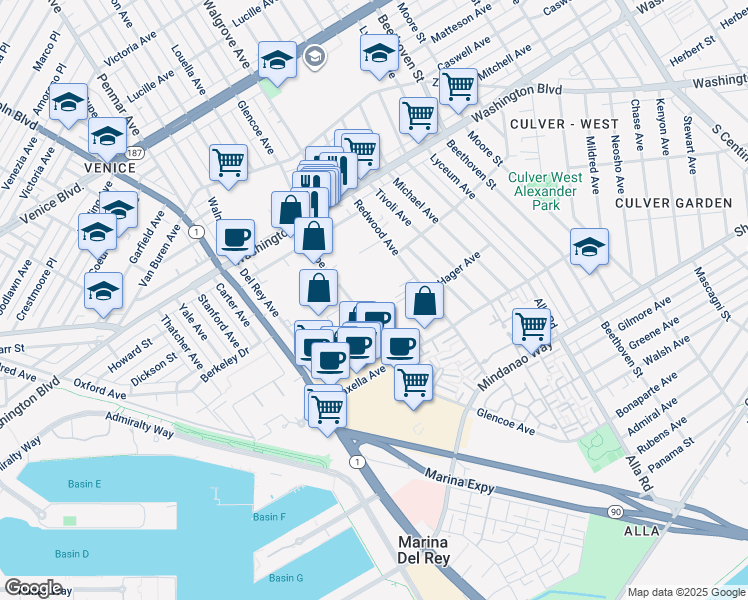 map of restaurants, bars, coffee shops, grocery stores, and more near 4140 Glencoe Avenue in Marina del Rey
