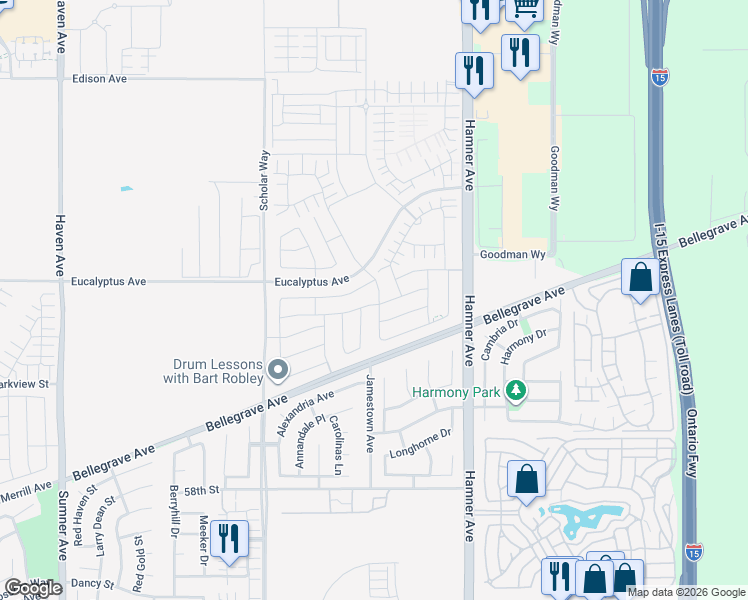 map of restaurants, bars, coffee shops, grocery stores, and more near 4646 South Amherst Privado in Ontario