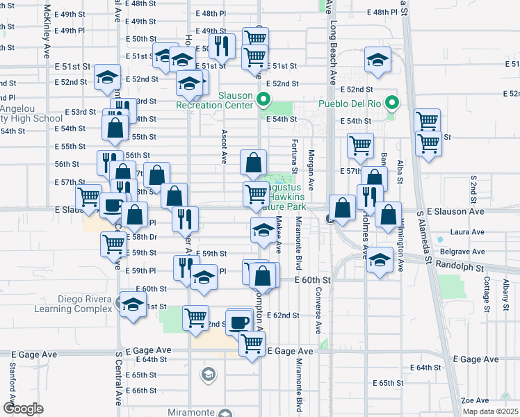 map of restaurants, bars, coffee shops, grocery stores, and more near E Slauson Ave & Compton Ave in Los Angeles