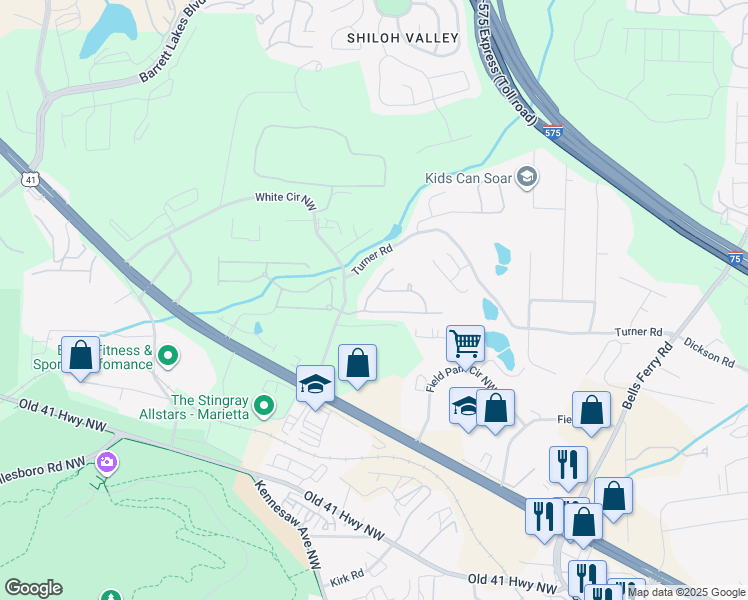 map of restaurants, bars, coffee shops, grocery stores, and more near 1521 Briarfield Way in Marietta